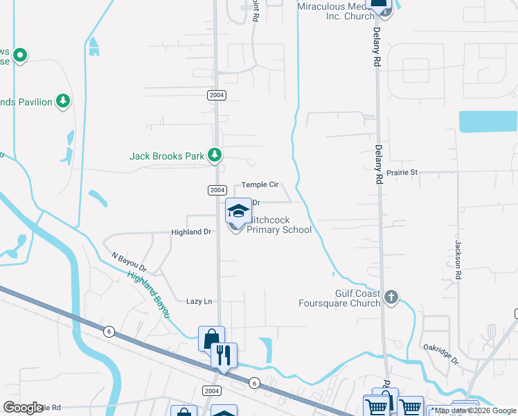 map of restaurants, bars, coffee shops, grocery stores, and more near 809 Temple Drive in Hitchcock