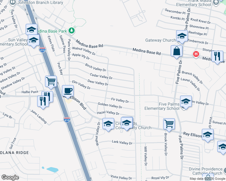 map of restaurants, bars, coffee shops, grocery stores, and more near 6150 Elm Valley Drive in San Antonio