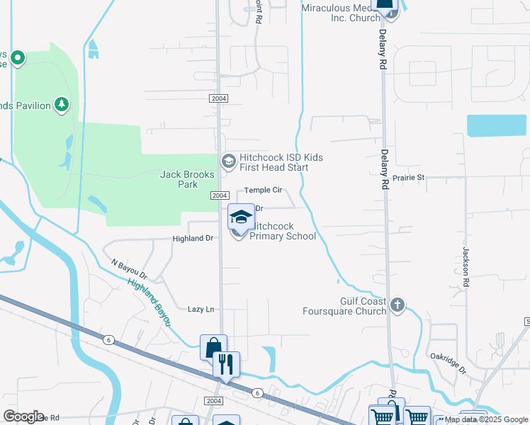 map of restaurants, bars, coffee shops, grocery stores, and more near 809 Temple Drive in Hitchcock