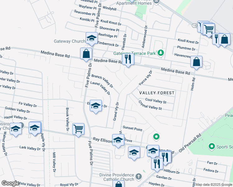map of restaurants, bars, coffee shops, grocery stores, and more near 7018 Grand Valley Street in San Antonio