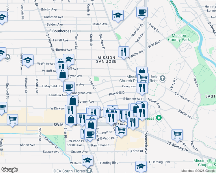 map of restaurants, bars, coffee shops, grocery stores, and more near 434 Congress Avenue in San Antonio
