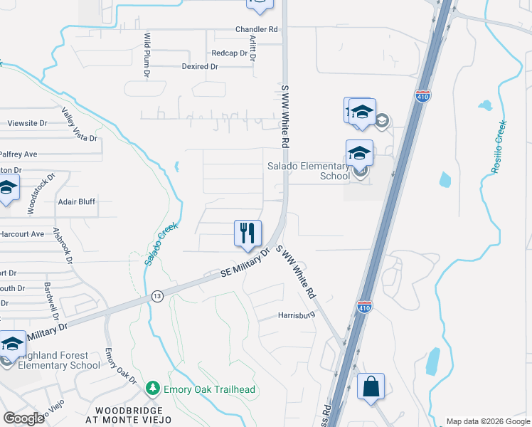 map of restaurants, bars, coffee shops, grocery stores, and more near 3617-3657 South WW White Road in San Antonio