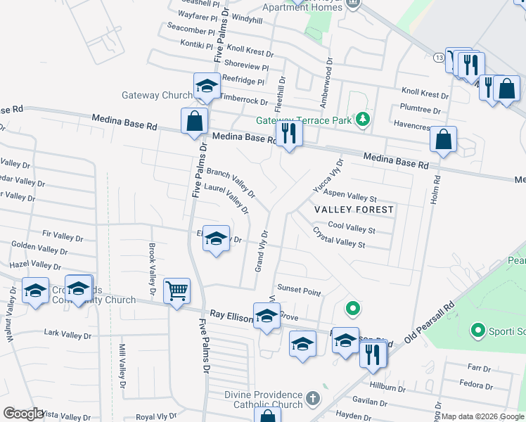 map of restaurants, bars, coffee shops, grocery stores, and more near 7018 Grand Valley Street in San Antonio