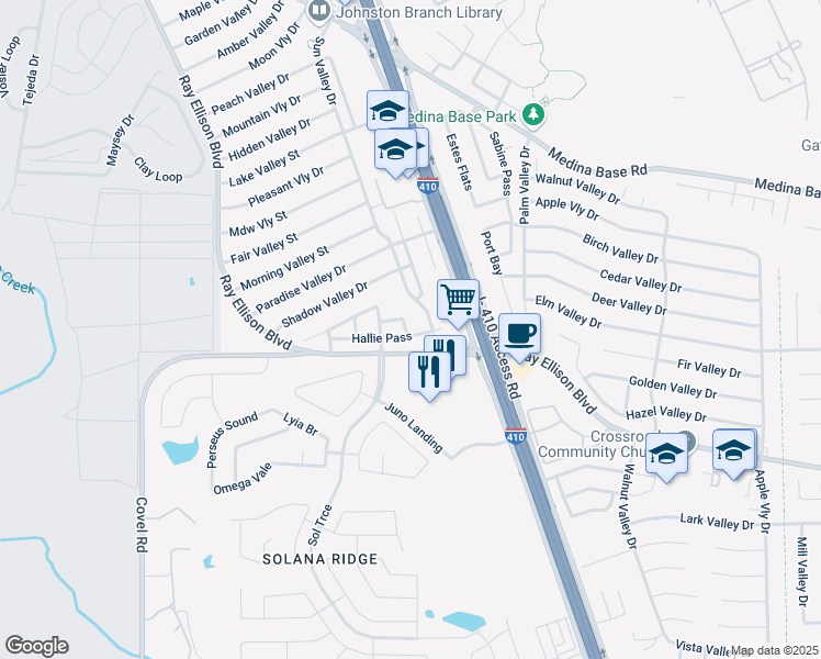 map of restaurants, bars, coffee shops, grocery stores, and more near 114 Hallie Pass in San Antonio
