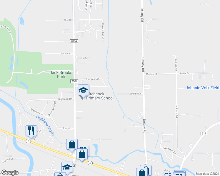 map of restaurants, bars, coffee shops, grocery stores, and more near 917 Temple Drive in Hitchcock