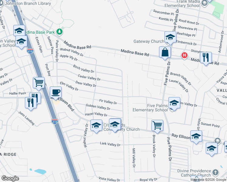 map of restaurants, bars, coffee shops, grocery stores, and more near 6122 Elm Valley Drive in San Antonio