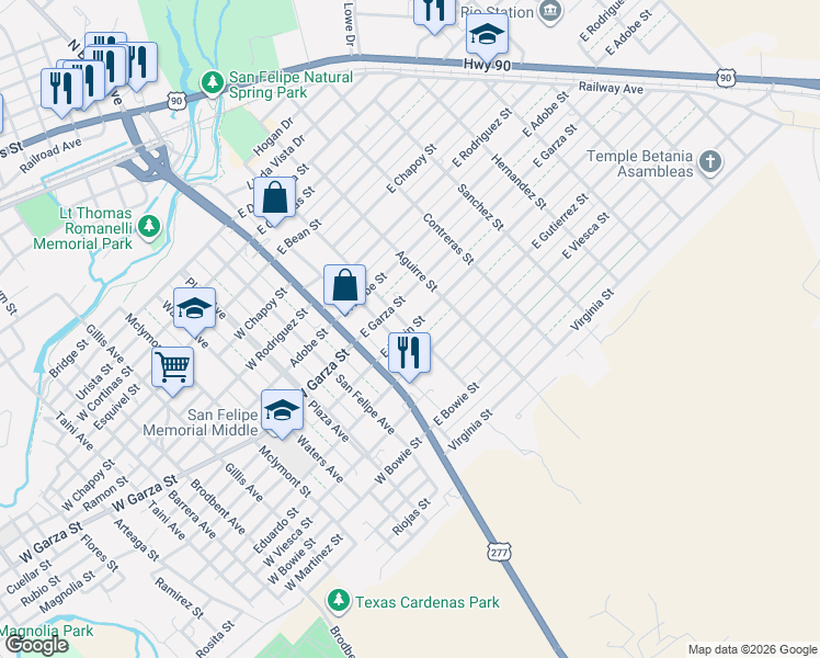 map of restaurants, bars, coffee shops, grocery stores, and more near 199 East Morin Street in Del Rio