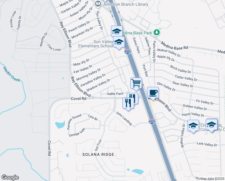 map of restaurants, bars, coffee shops, grocery stores, and more near 150 Hallie Pass in San Antonio