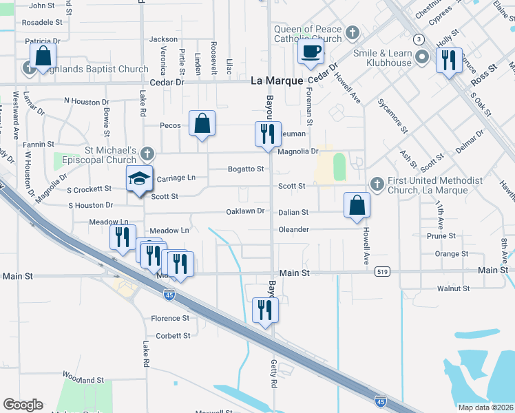 map of restaurants, bars, coffee shops, grocery stores, and more near 1913 Oaklawn Drive in La Marque