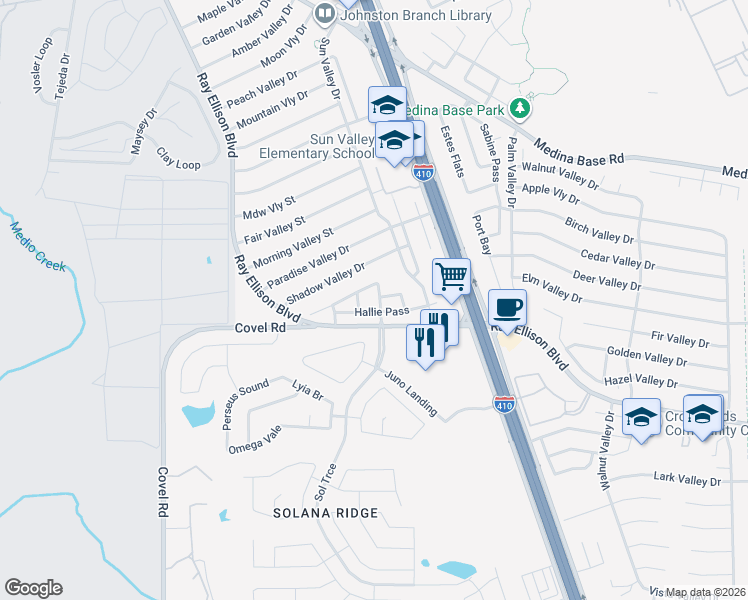map of restaurants, bars, coffee shops, grocery stores, and more near 150 Hallie Pass in San Antonio