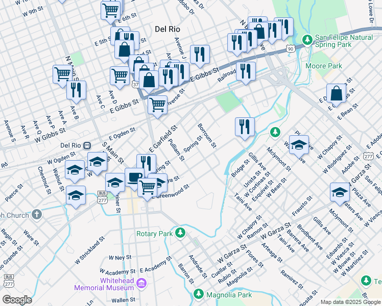 map of restaurants, bars, coffee shops, grocery stores, and more near 400-498 Spring Street in Del Rio