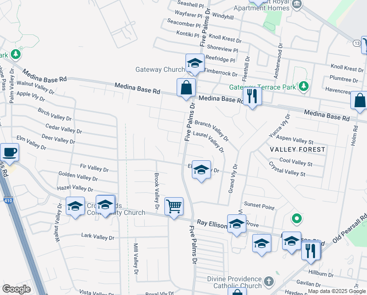 map of restaurants, bars, coffee shops, grocery stores, and more near 5803 Fawn Valley Drive in San Antonio