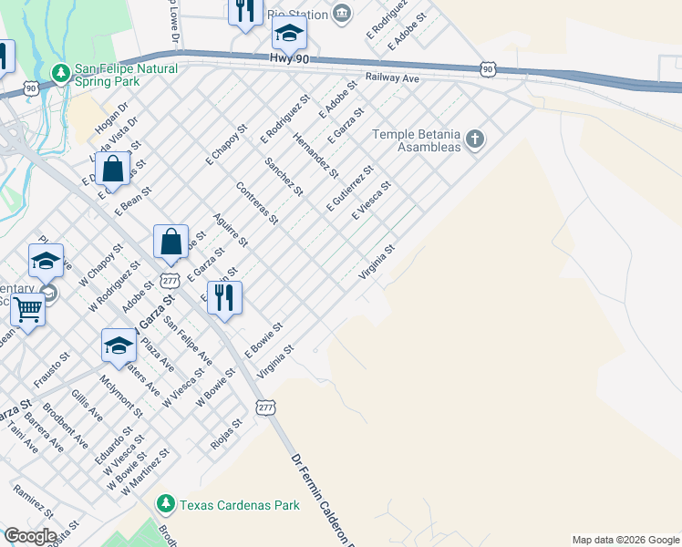 map of restaurants, bars, coffee shops, grocery stores, and more near 415 East Bowie Street in Del Rio
