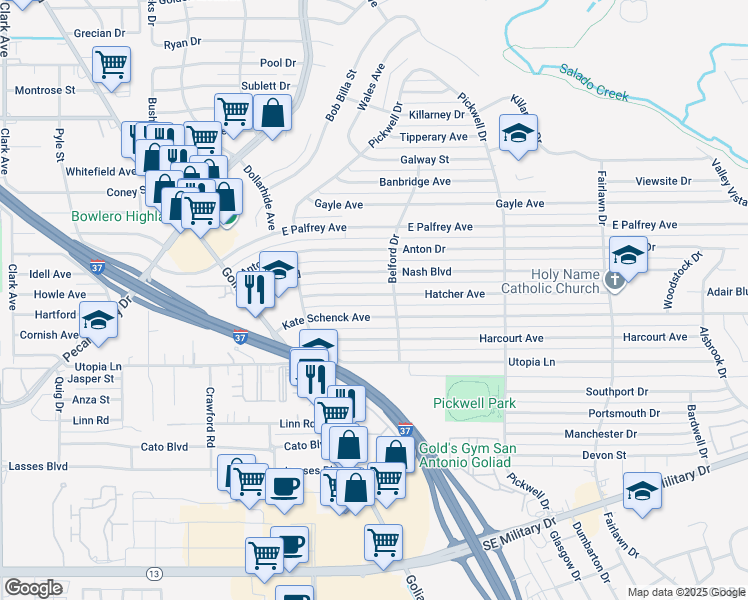 map of restaurants, bars, coffee shops, grocery stores, and more near 158 Hatcher Avenue in San Antonio