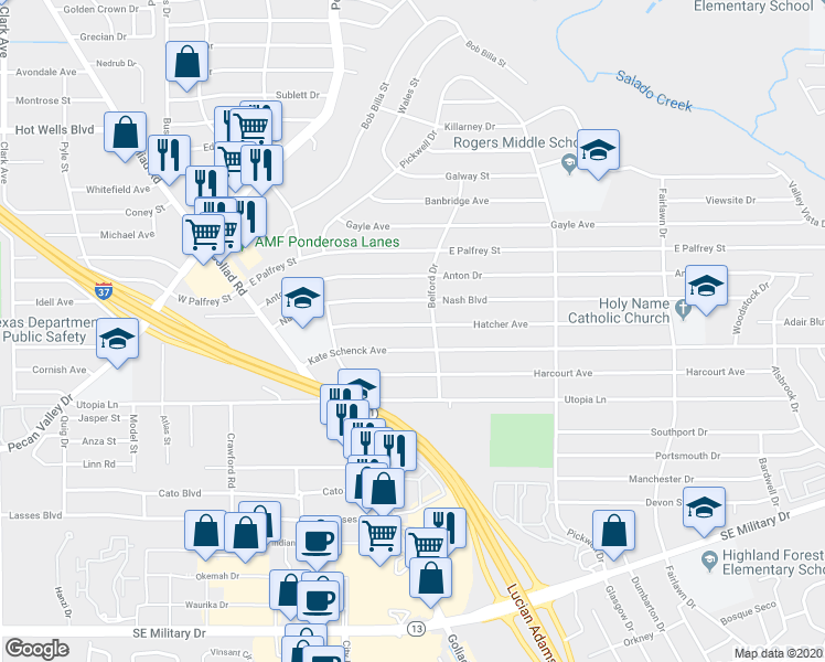 map of restaurants, bars, coffee shops, grocery stores, and more near 151 Hatcher Avenue in San Antonio