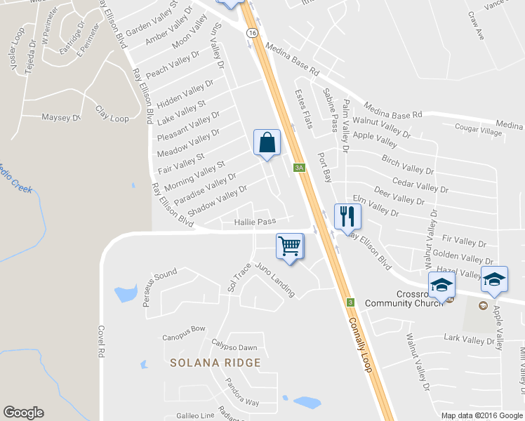 map of restaurants, bars, coffee shops, grocery stores, and more near Hallie Circle in San Antonio