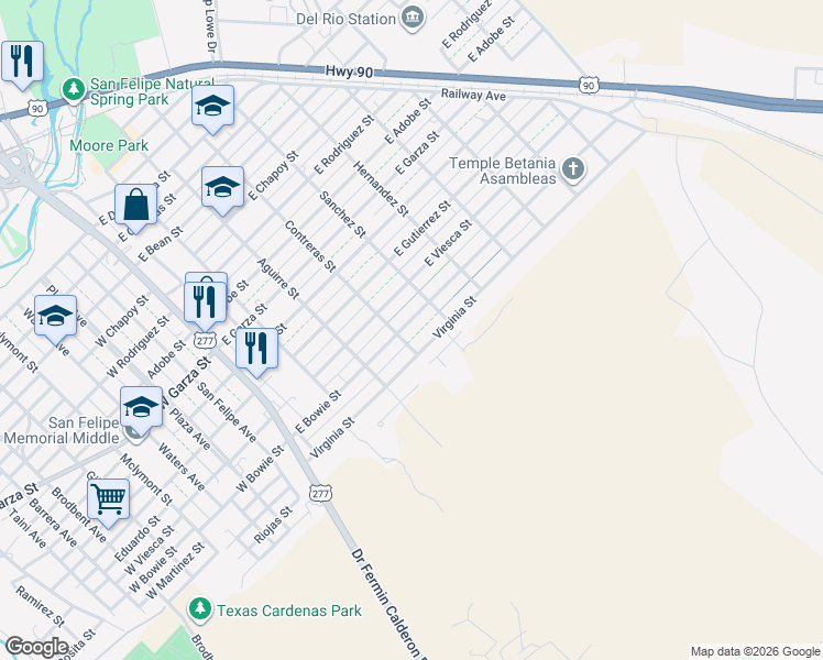 map of restaurants, bars, coffee shops, grocery stores, and more near 415 East Bowie Street in Del Rio