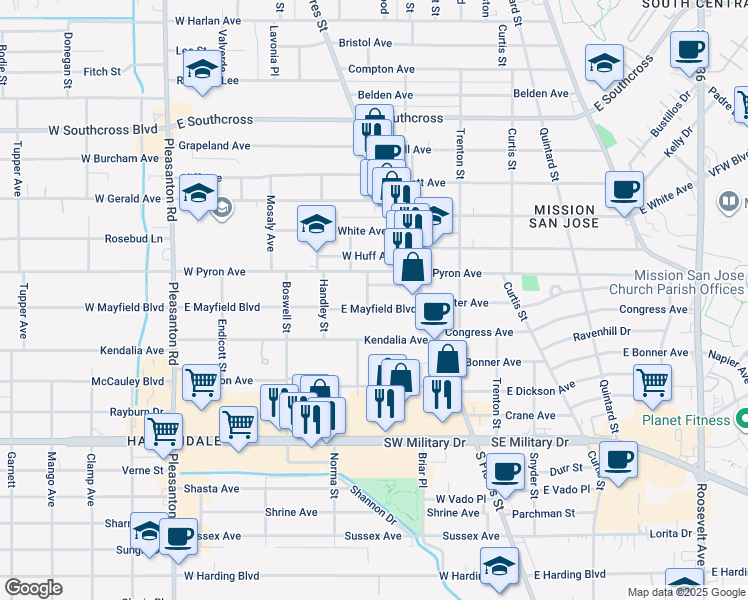 map of restaurants, bars, coffee shops, grocery stores, and more near 115 Hancock Avenue in San Antonio