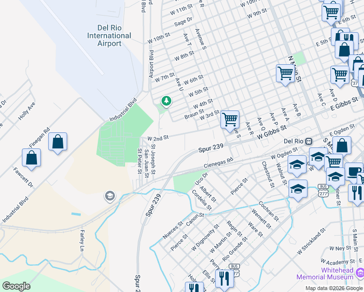 map of restaurants, bars, coffee shops, grocery stores, and more near 1004 West 2nd Street in Del Rio