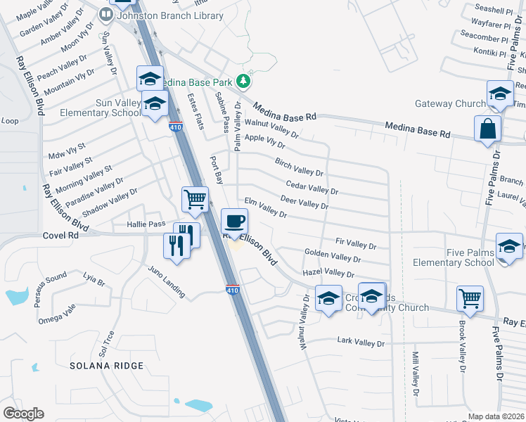 map of restaurants, bars, coffee shops, grocery stores, and more near 6263 Elm Valley Drive in San Antonio