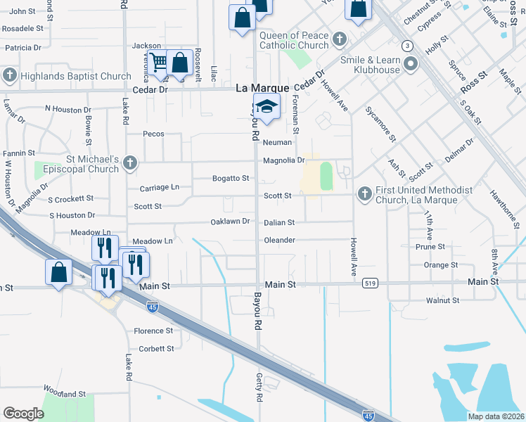 map of restaurants, bars, coffee shops, grocery stores, and more near 1825 Bayou Road in La Marque
