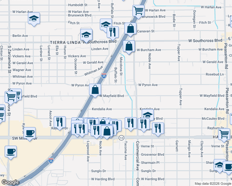 map of restaurants, bars, coffee shops, grocery stores, and more near 1088 West Pyron Avenue in San Antonio