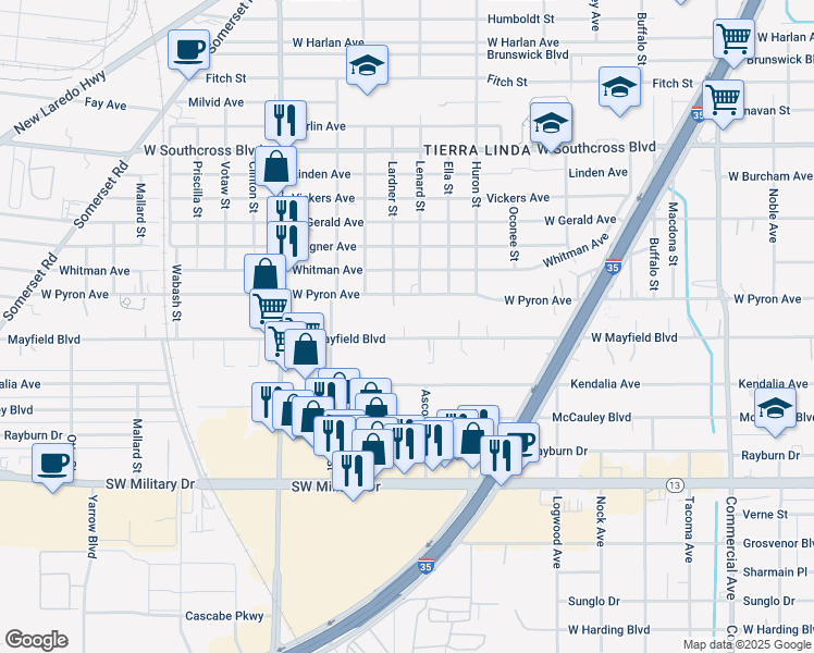 map of restaurants, bars, coffee shops, grocery stores, and more near 1442 West Pyron Avenue in San Antonio