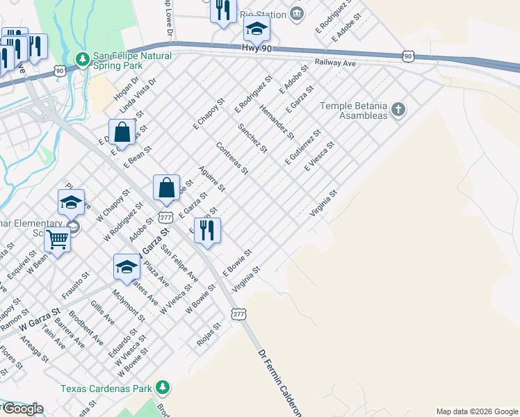 map of restaurants, bars, coffee shops, grocery stores, and more near 309 East Gutierrez Street in Del Rio