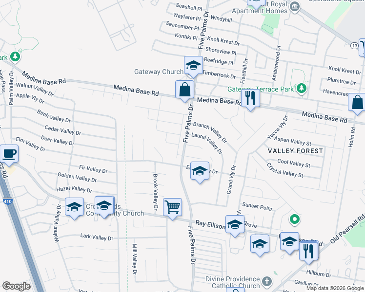 map of restaurants, bars, coffee shops, grocery stores, and more near 5803 Fawn Valley Drive in San Antonio