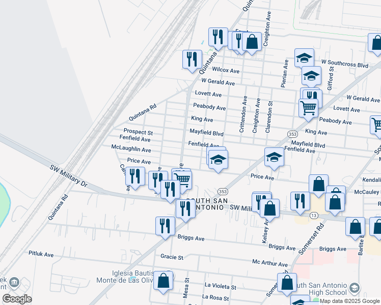 map of restaurants, bars, coffee shops, grocery stores, and more near 1018 Fenfield Avenue in San Antonio