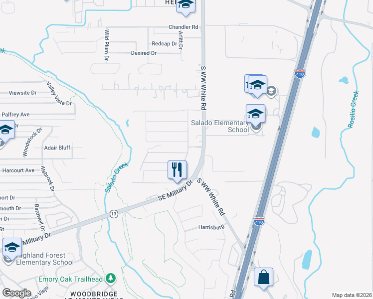 map of restaurants, bars, coffee shops, grocery stores, and more near 3615 South WW White Road in San Antonio