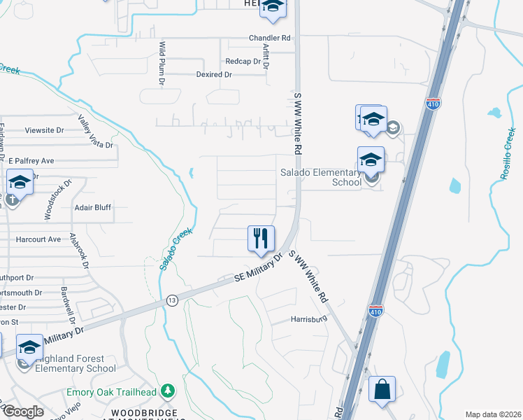 map of restaurants, bars, coffee shops, grocery stores, and more near 3615 South WW White Road in San Antonio