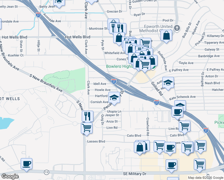 map of restaurants, bars, coffee shops, grocery stores, and more near 10 I- 37 Access Road in San Antonio