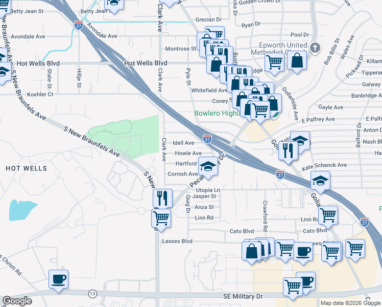 map of restaurants, bars, coffee shops, grocery stores, and more near 10 I- 37 Access Road in San Antonio