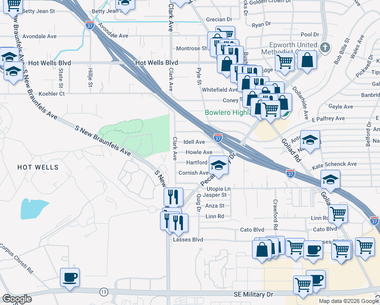 map of restaurants, bars, coffee shops, grocery stores, and more near 130 Idell Avenue in San Antonio