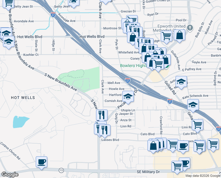 map of restaurants, bars, coffee shops, grocery stores, and more near 130 Idell Avenue in San Antonio