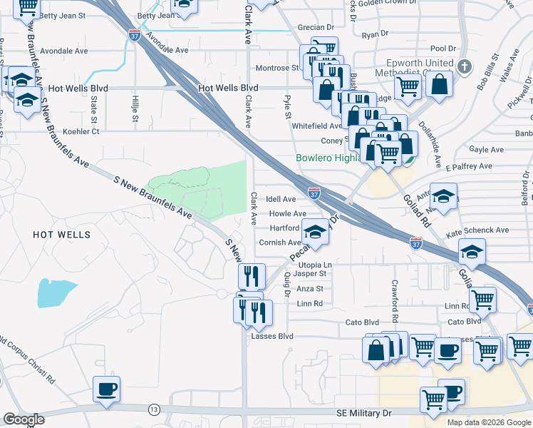 map of restaurants, bars, coffee shops, grocery stores, and more near 130 Idell Avenue in San Antonio