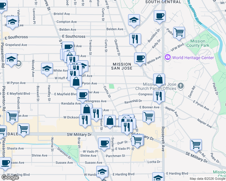 map of restaurants, bars, coffee shops, grocery stores, and more near 310 East Pyron Avenue in San Antonio