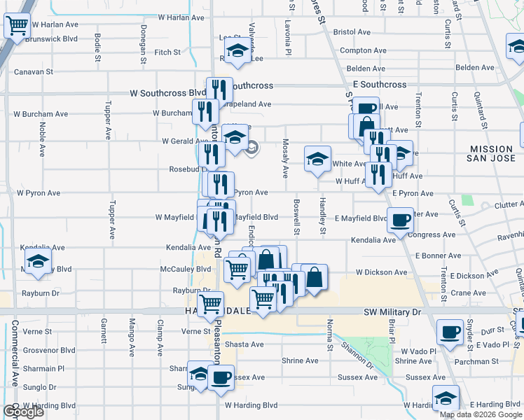 map of restaurants, bars, coffee shops, grocery stores, and more near 412 West Pyron Avenue in San Antonio
