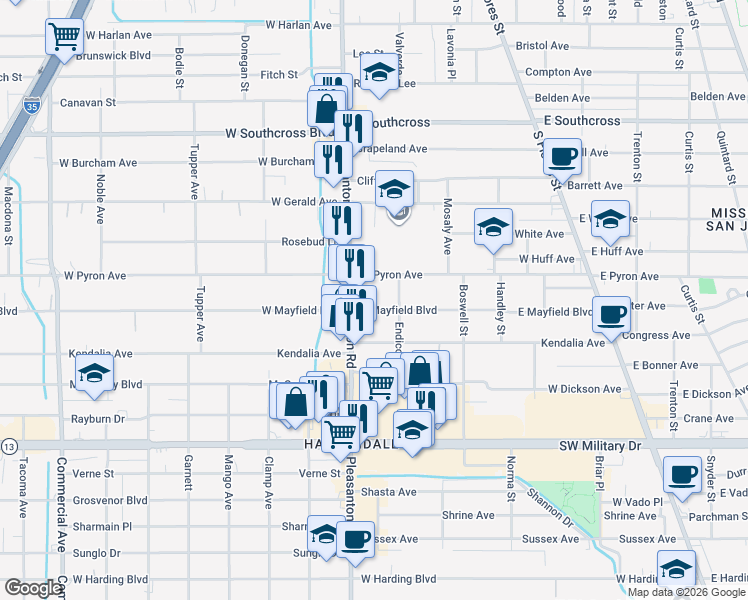 map of restaurants, bars, coffee shops, grocery stores, and more near 1910 Pleasanton Road in San Antonio