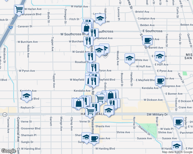 map of restaurants, bars, coffee shops, grocery stores, and more near 1910 Pleasanton Road in San Antonio