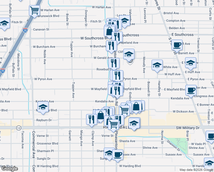 map of restaurants, bars, coffee shops, grocery stores, and more near 622 West Pyron Avenue in San Antonio