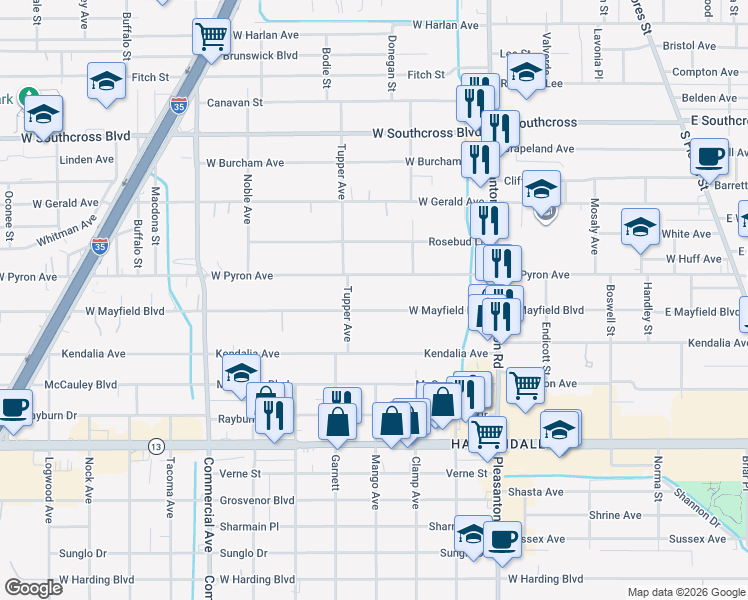 map of restaurants, bars, coffee shops, grocery stores, and more near 173 West Mayfield Boulevard in San Antonio