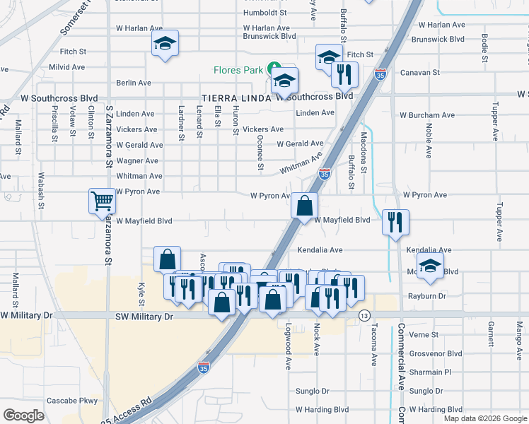 map of restaurants, bars, coffee shops, grocery stores, and more near 1262 West Pyron Avenue in San Antonio
