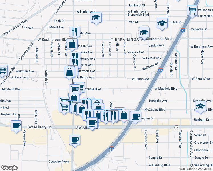 map of restaurants, bars, coffee shops, grocery stores, and more near 1442 West Pyron Avenue in San Antonio