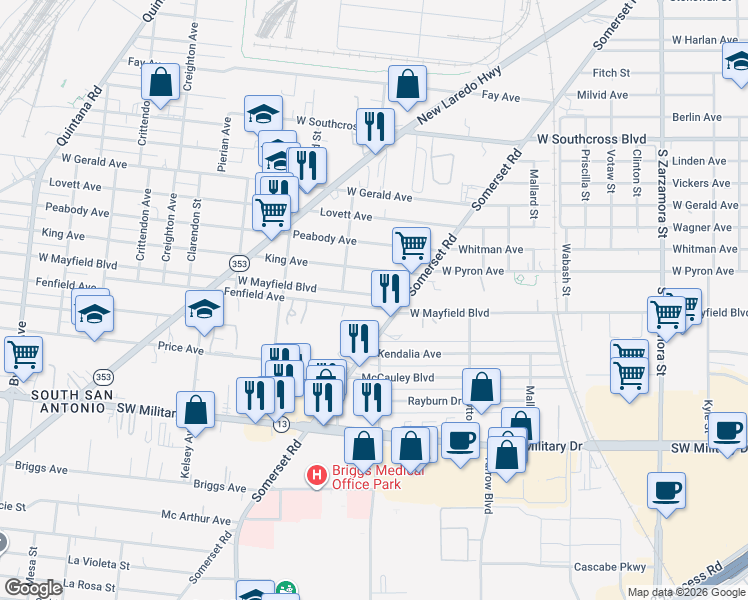 map of restaurants, bars, coffee shops, grocery stores, and more near 935 West Mayfield Boulevard in San Antonio