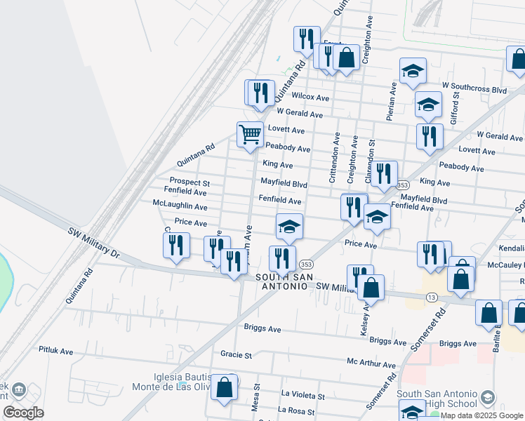 map of restaurants, bars, coffee shops, grocery stores, and more near 1018 Fenfield Avenue in San Antonio