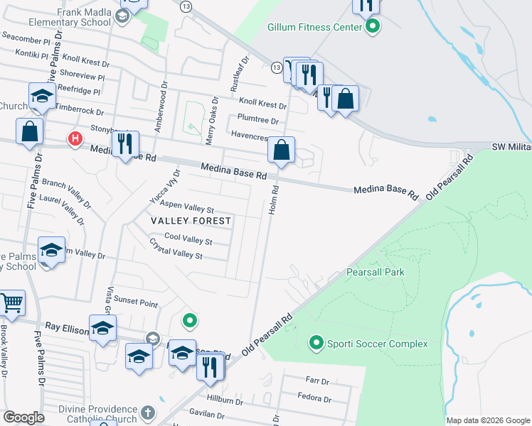 map of restaurants, bars, coffee shops, grocery stores, and more near 5402 Pearl Valley in San Antonio