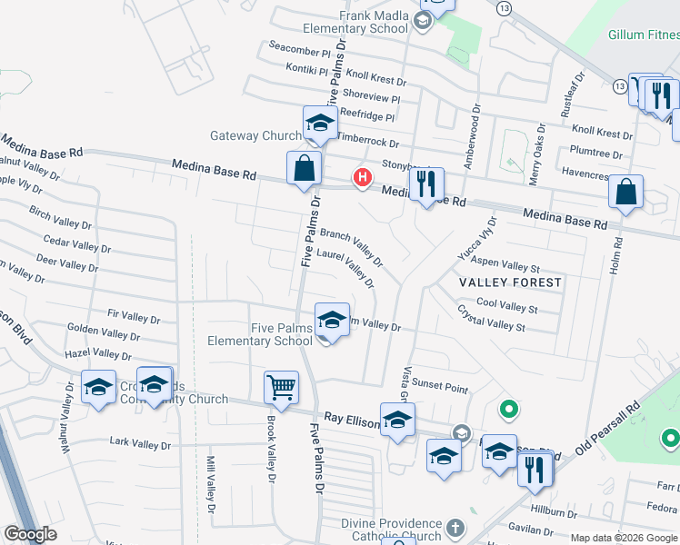 map of restaurants, bars, coffee shops, grocery stores, and more near 5858 Laurel Valley Drive in San Antonio