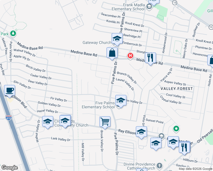 map of restaurants, bars, coffee shops, grocery stores, and more near 5926 Lady Lane in San Antonio